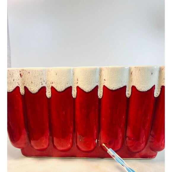 Rare Vtg Aborn G3 Calif Red White Ceramic Scalloped Planter Vase container Gift - Picture 3 of 7